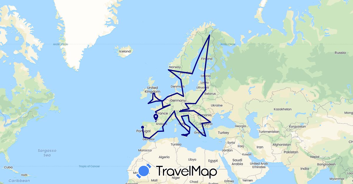 TravelMap itinerary: driving in Austria, Bulgaria, Switzerland, Czech Republic, Germany, Denmark, Estonia, Spain, Finland, France, United Kingdom, Greece, Croatia, Hungary, Italy, Lithuania, Luxembourg, Netherlands, Norway, Poland, Portugal, Sweden (Europe)
